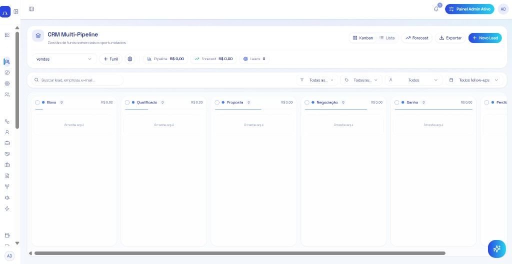 CRM do Altius Analytics, funil em kanban