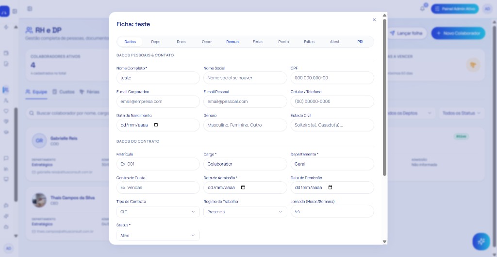 RH e DP do Altius Analytics, ficha do colaborador